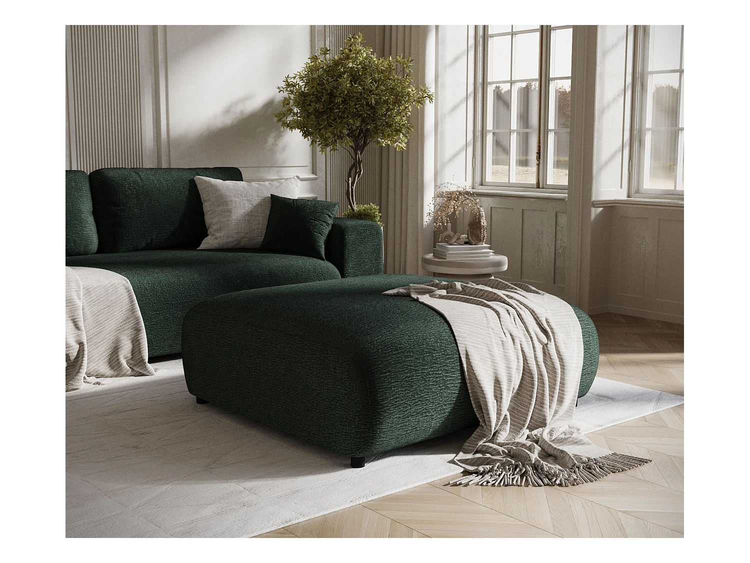 Pouf en tissu chenille Zanzibar - 110x110 cm - vert foncé