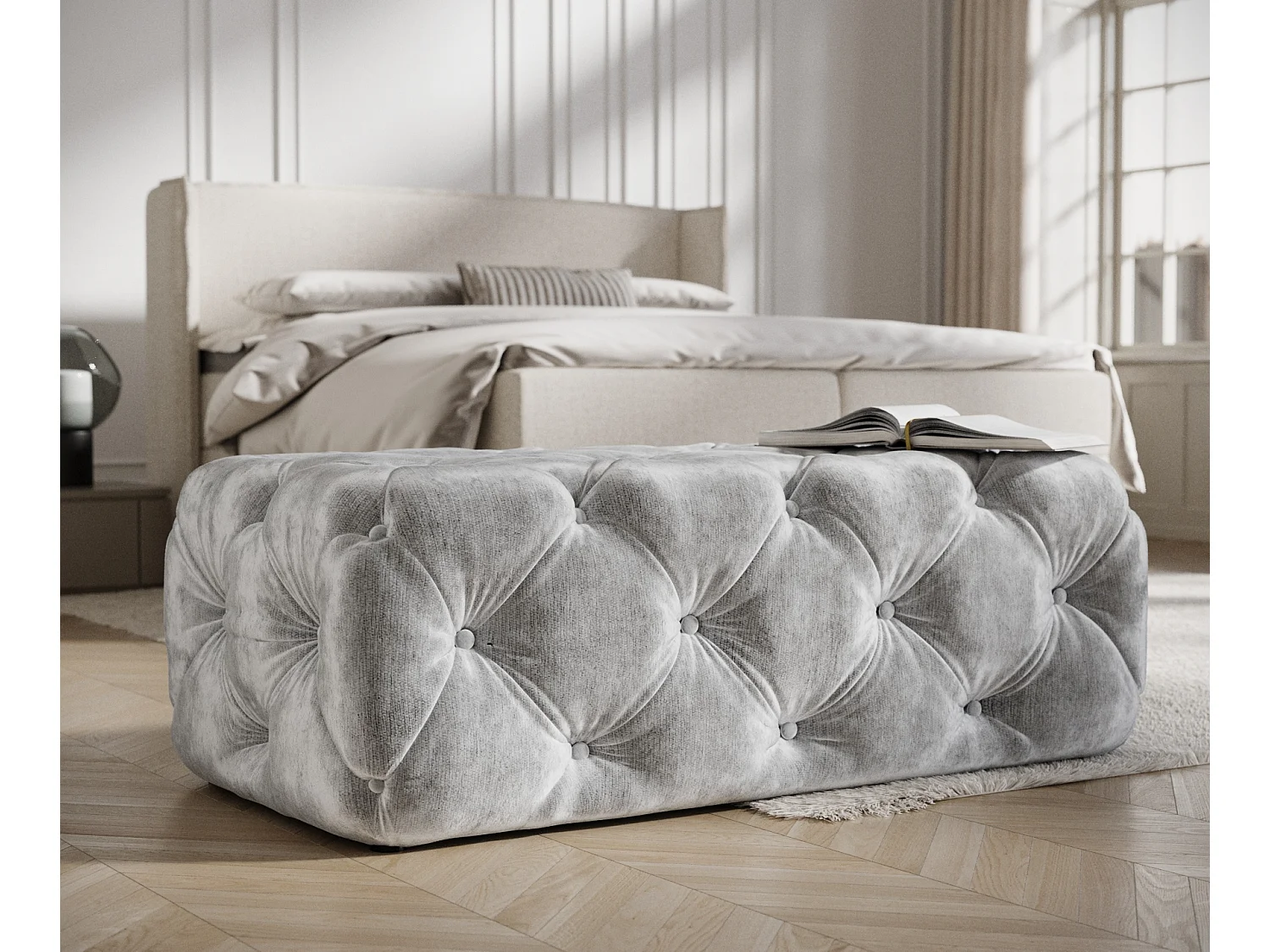 Pouf en tissu chenille Cosimo - gris clair