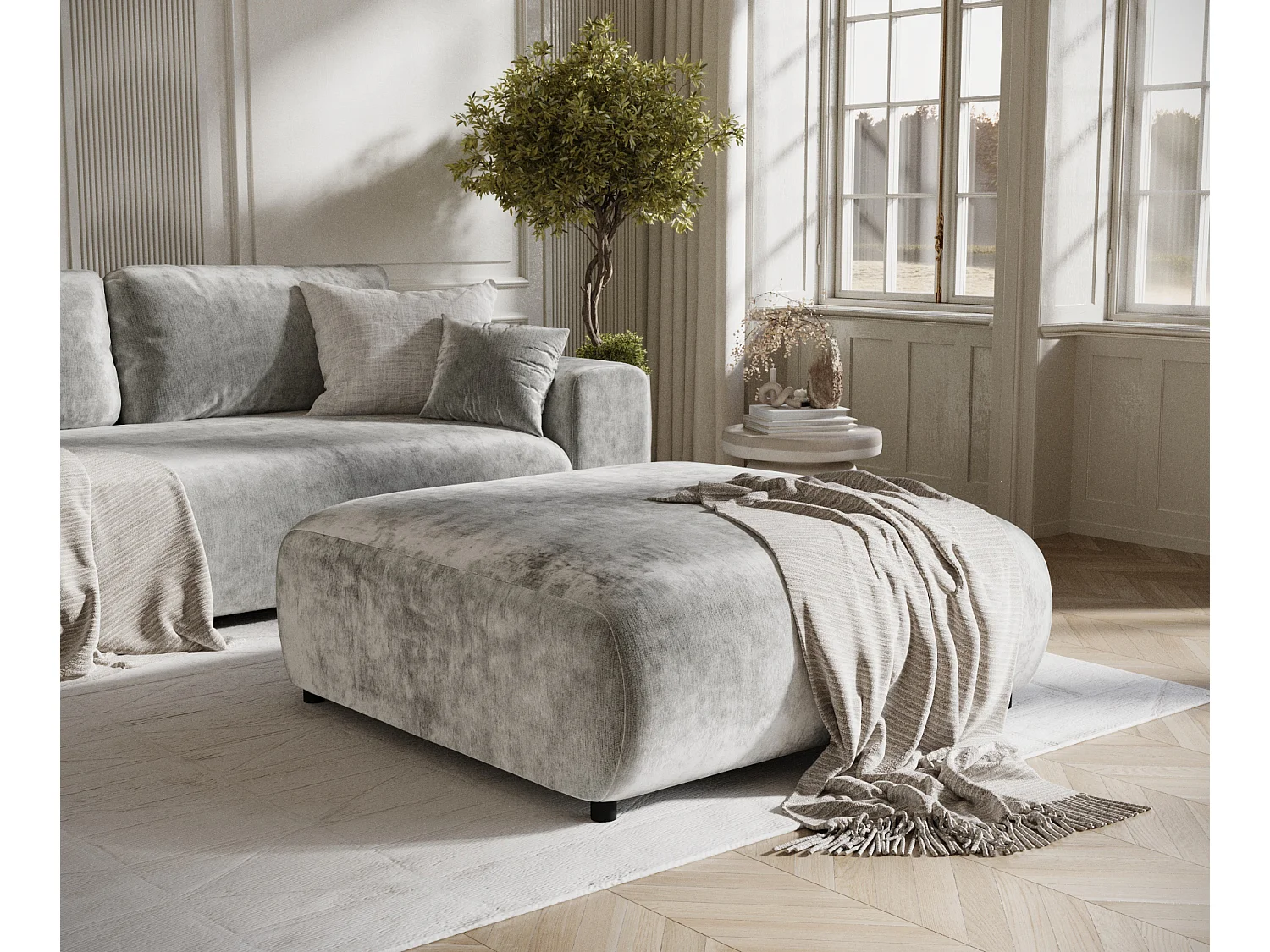 Pouf en tissu chenille Zanzibar - 110x110 cm - gris clair