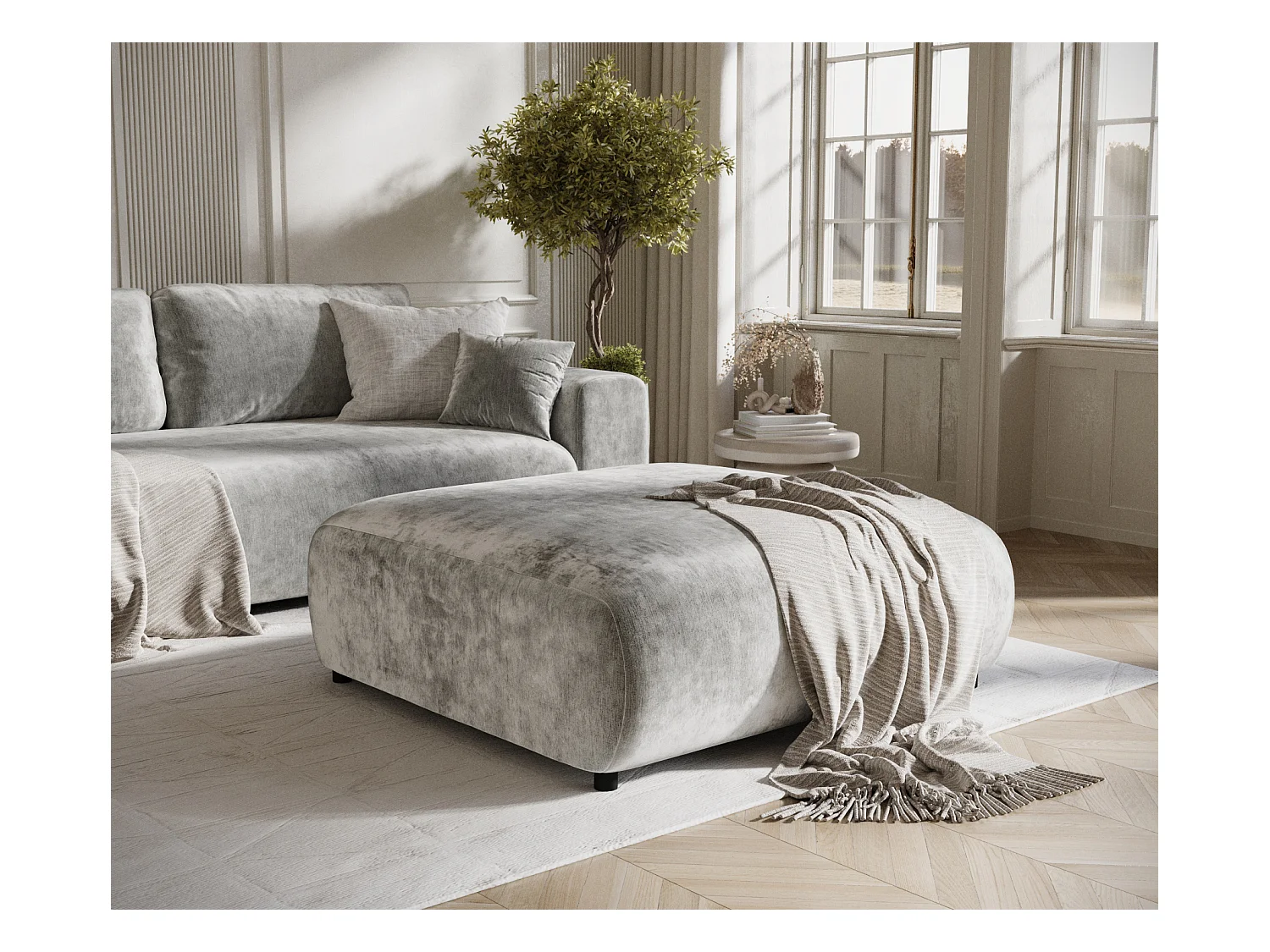 Pouf en tissu chenille Zanzibar - 110x110 cm - gris clair