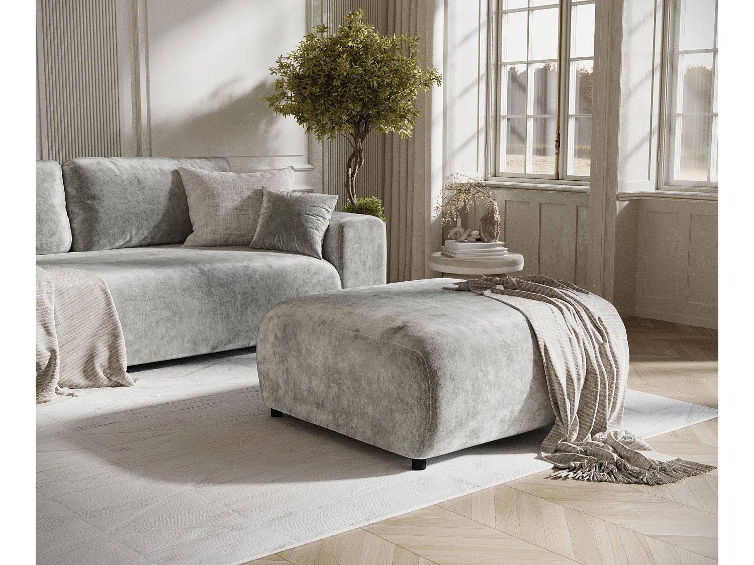 Pouf en tissu chenille Zanzibar - 88x88 cm - gris clair