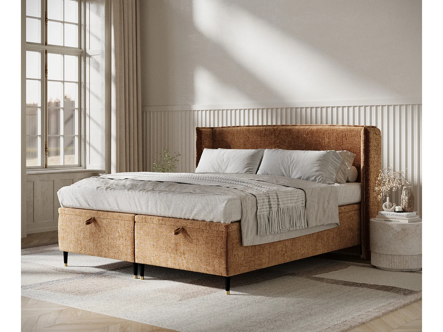 Lit coffre en tissu chenille Ritual - 160 x 200 cm - couleur cuivre