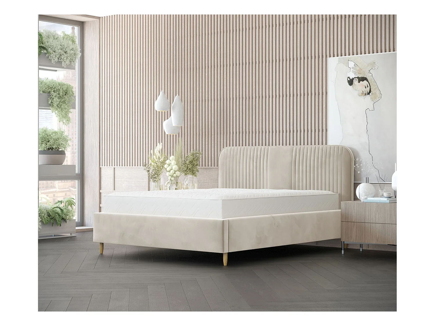 Polsterbett Livy - 160 x 200 cm - Samtstoff - creme