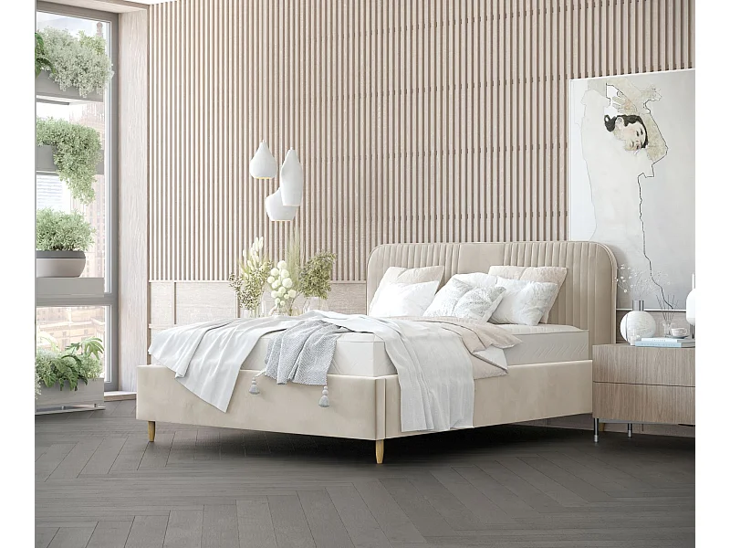 Lit coffre Livy - 160 x 200 cm - velours - crème