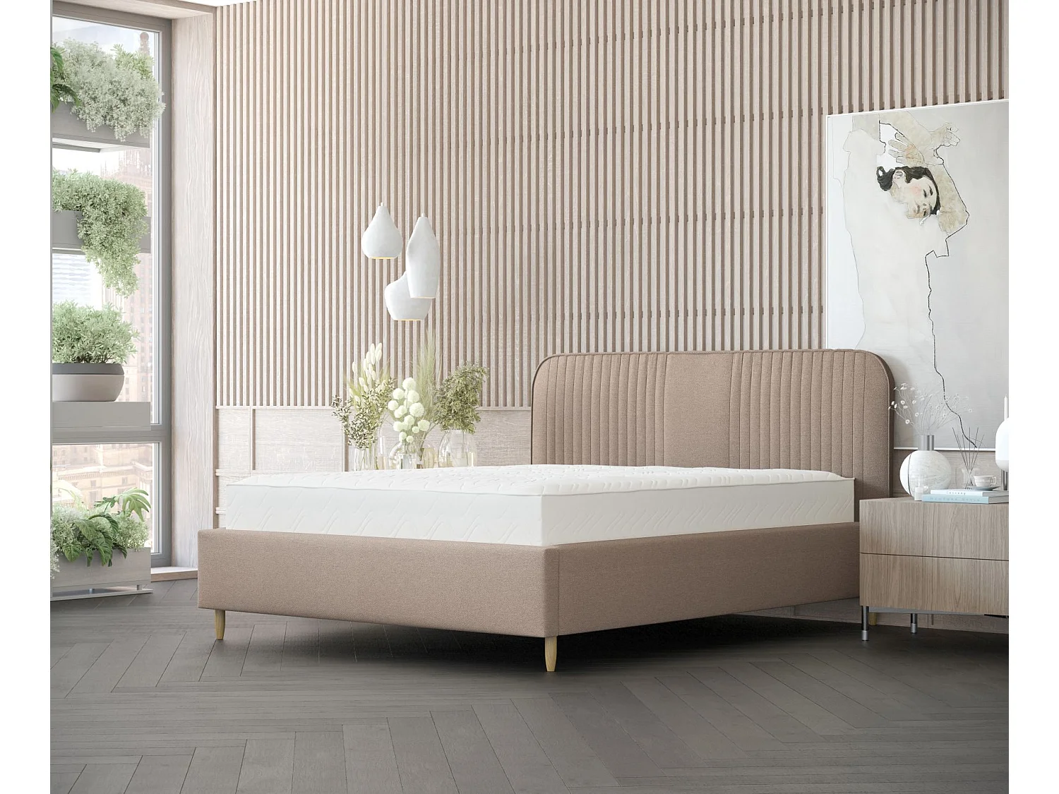 Lit coffre Livy - 120 x 200 cm - toile tissée - brun clair