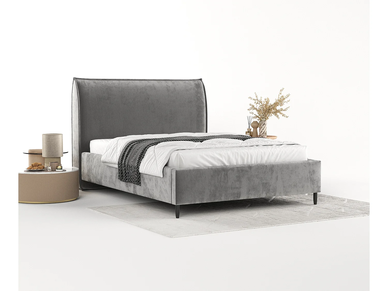 Lit capitonné Shell - 160 x 200 cm - chenille - gris