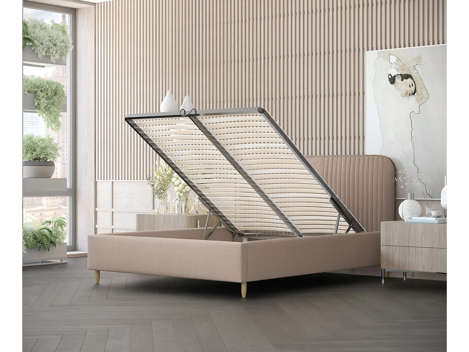 Lit coffre Livy - 140 x 200 cm - toile tissée - brun clair