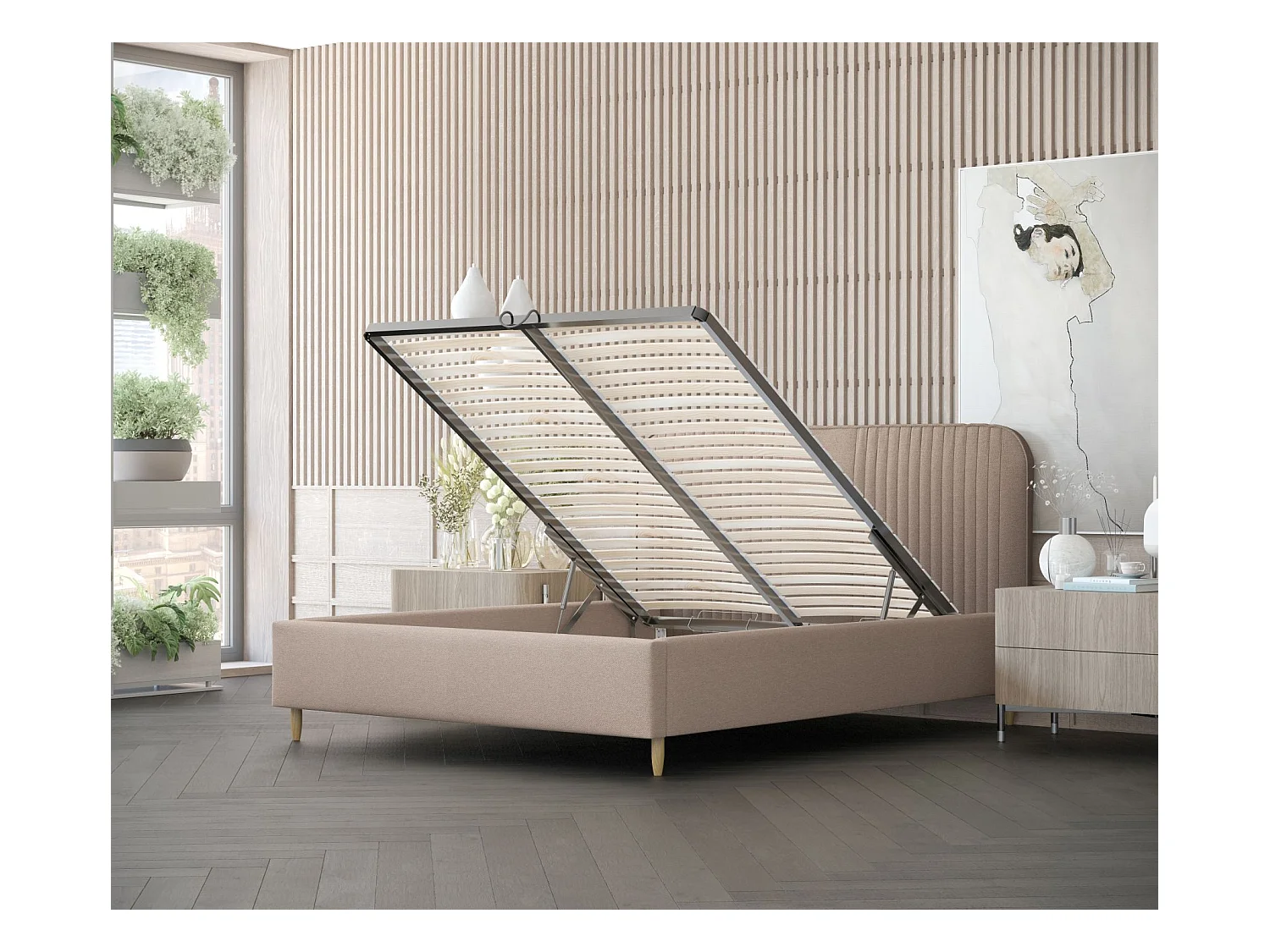 Polsterbett Livy - 140 x 200 cm - Webstoff - hellbraun