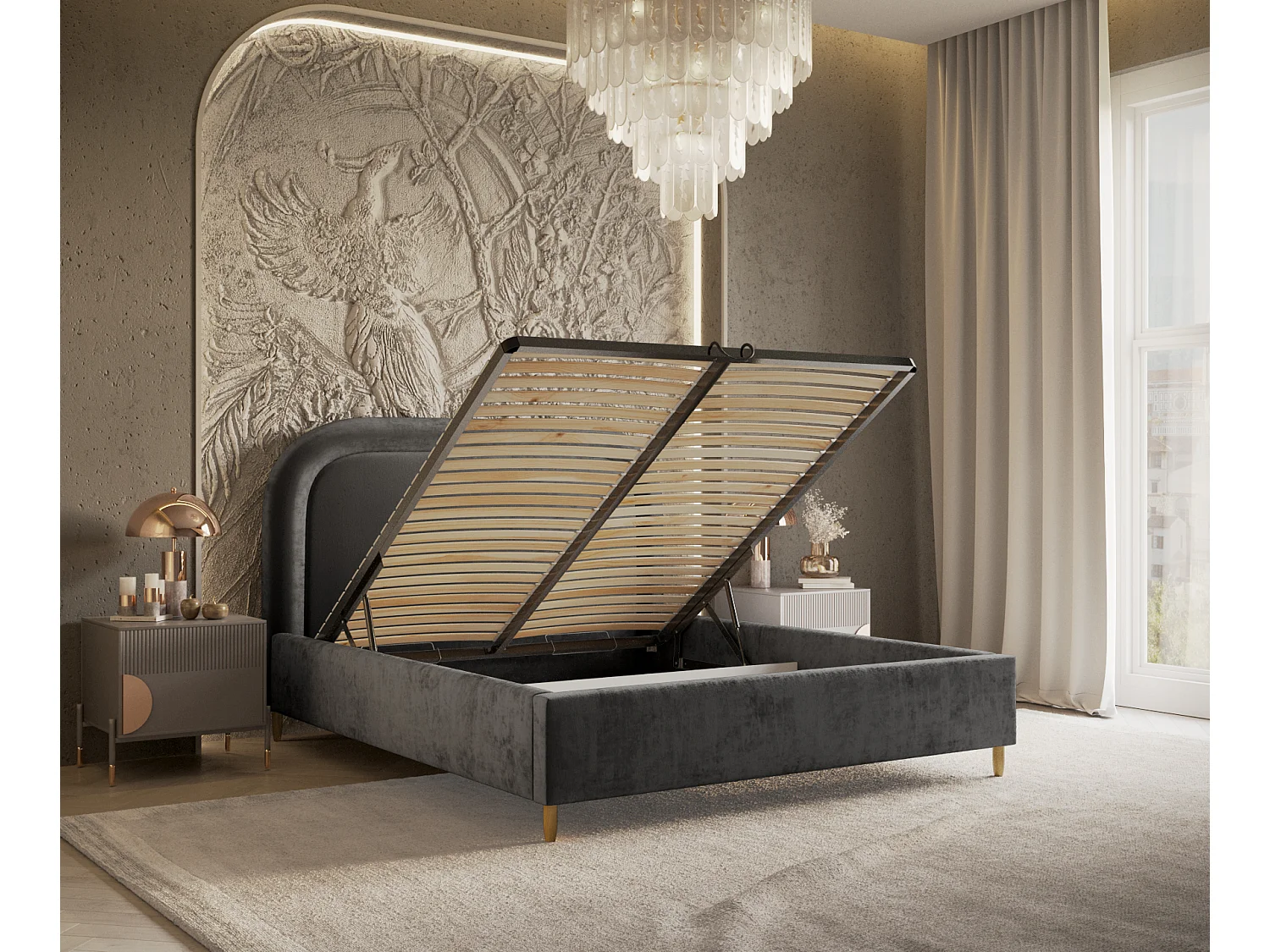 Polsterbett Mija - 140 x 200 cm - Chenille-Stoff - dunkelgrau