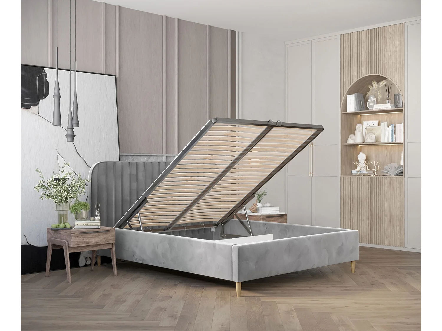 Gestoffeerd bed van velvet stof Noto - 160x200 cm - grijs