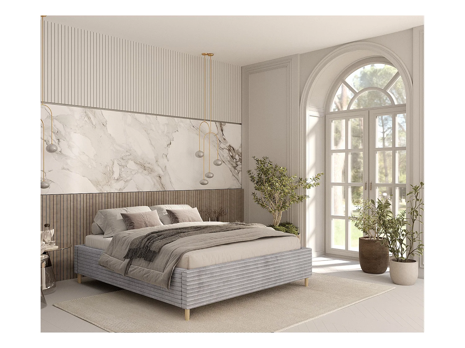 Lit capitonné Larch - 160 x 200 cm - velours - gris