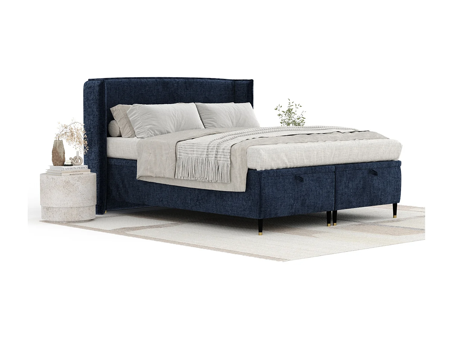 Lit coffre en tissu chenille Ritual - 180 x 200 cm - bleu marine