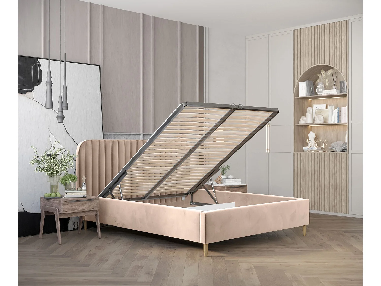 Lit coffre Noto - 180 x 200 cm - velours - beige rose