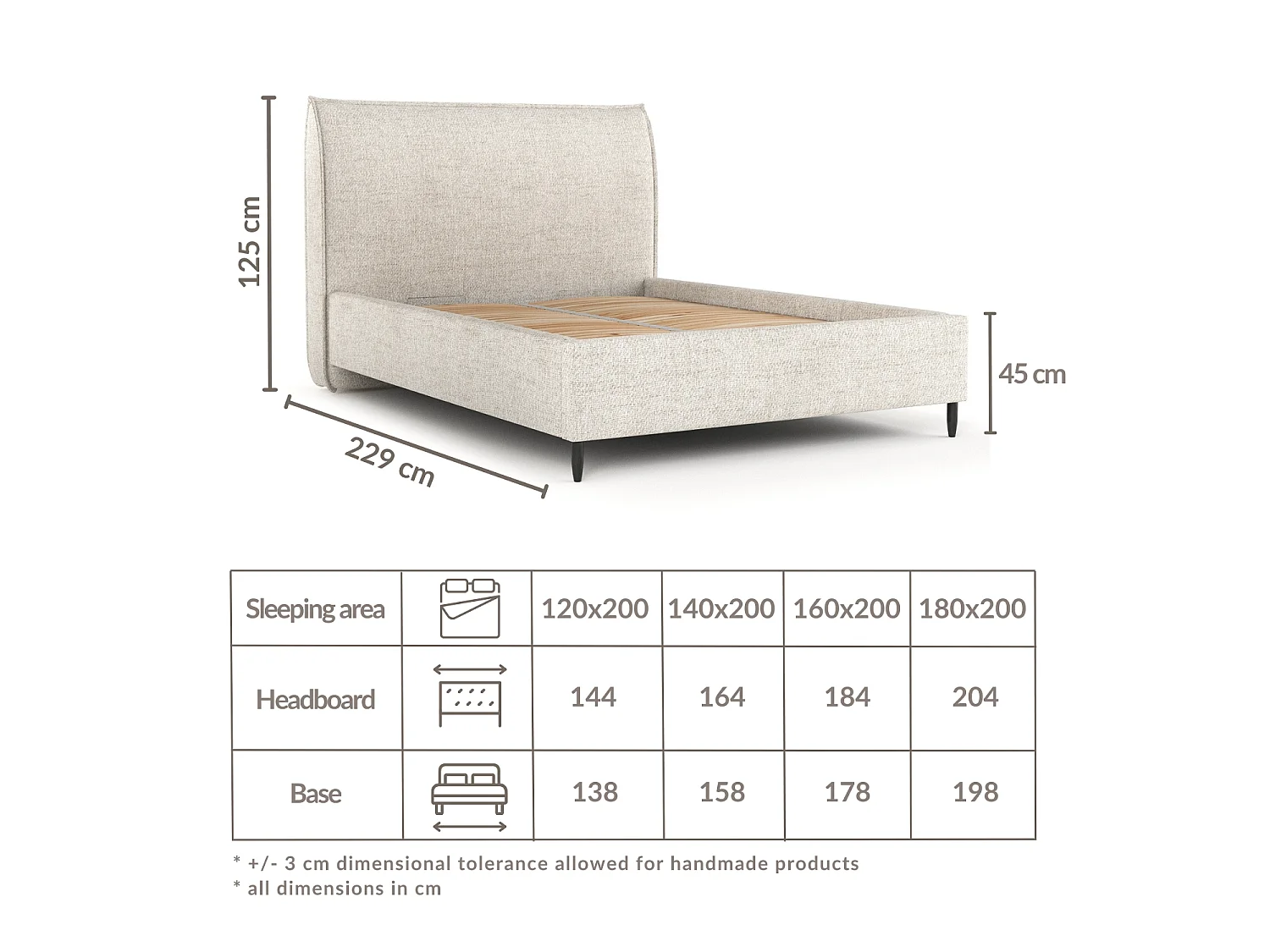 Lit capitonné Shell - 140 x 200 cm - toile tissée - brun clair
