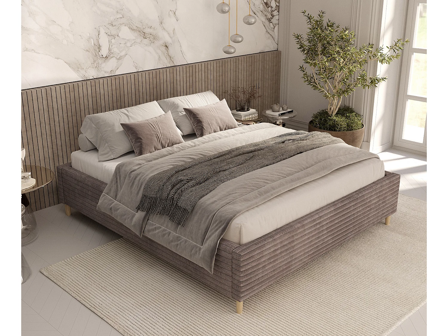 Polsterbett Larch - 120 x 200 cm - Samtstoff - beige