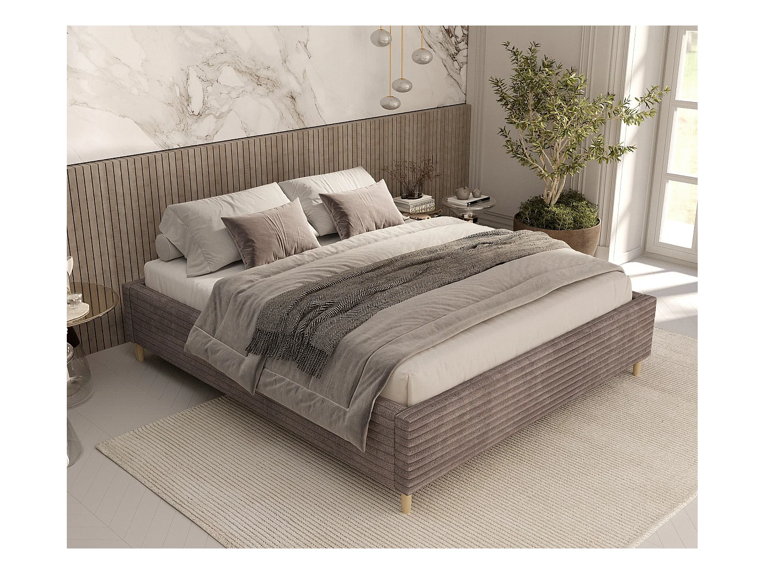 Polsterbett Larch - 120 x 200 cm - Samtstoff - beige