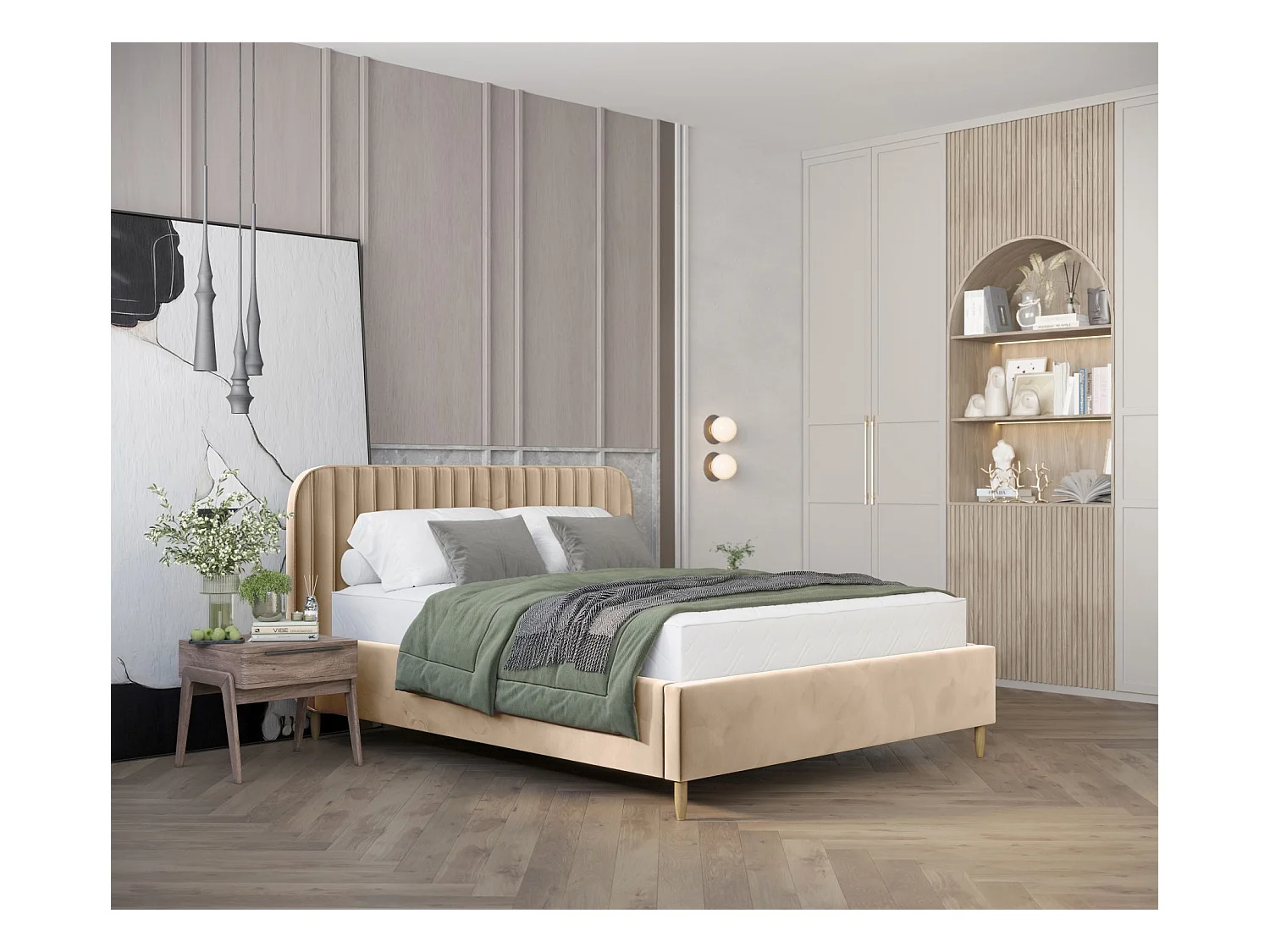 Lit coffre Noto - 140 x 200 cm - velours - beige