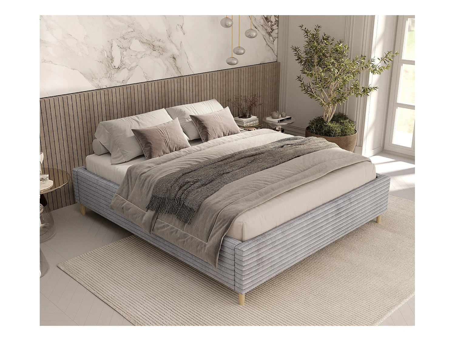 Lit capitonné Larch - 180 x 200 cm - velours - gris