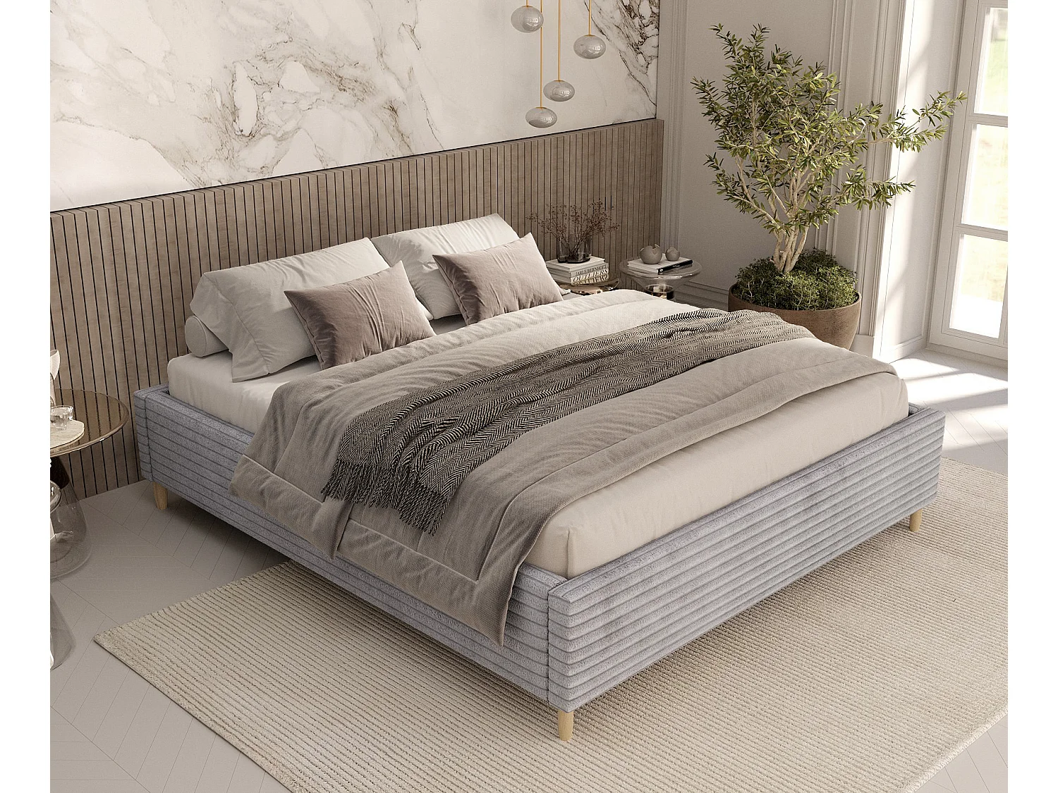 Lit capitonné Larch - 180 x 200 cm - velours - gris