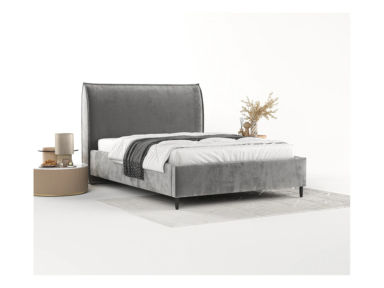 Lit capitonné Shell - 140 x 200 cm - chenille - gris