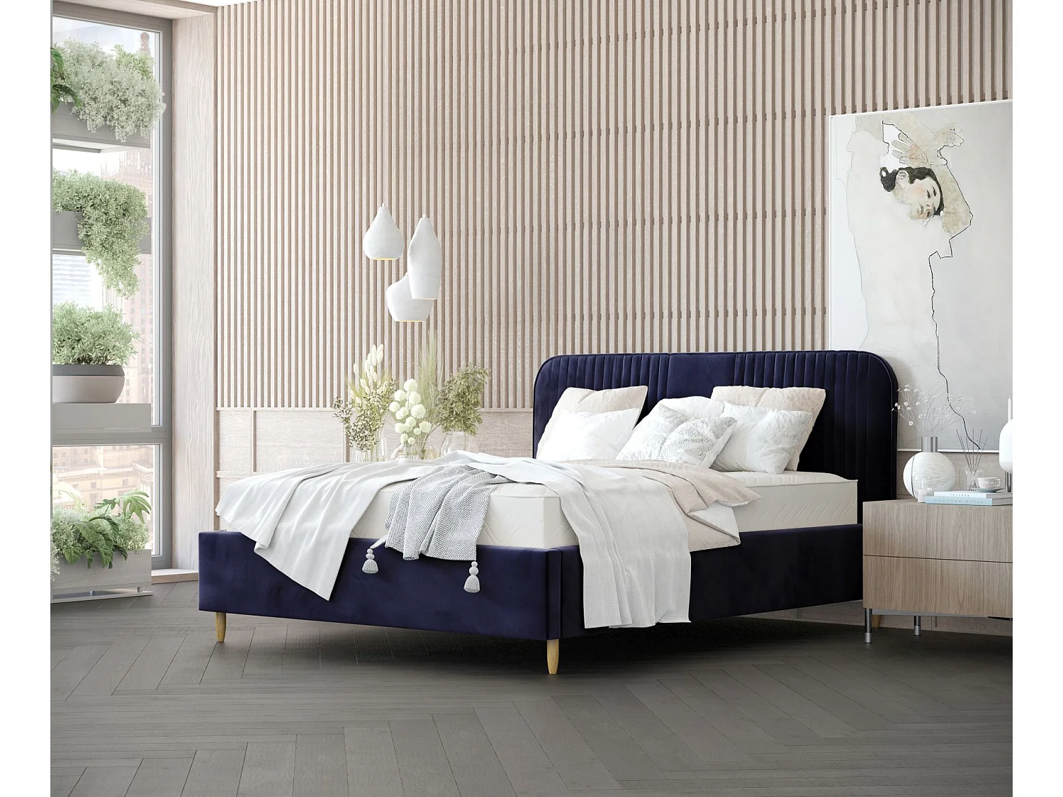 Lit coffre Livy - 140 x 200 cm - velours - bleu marine