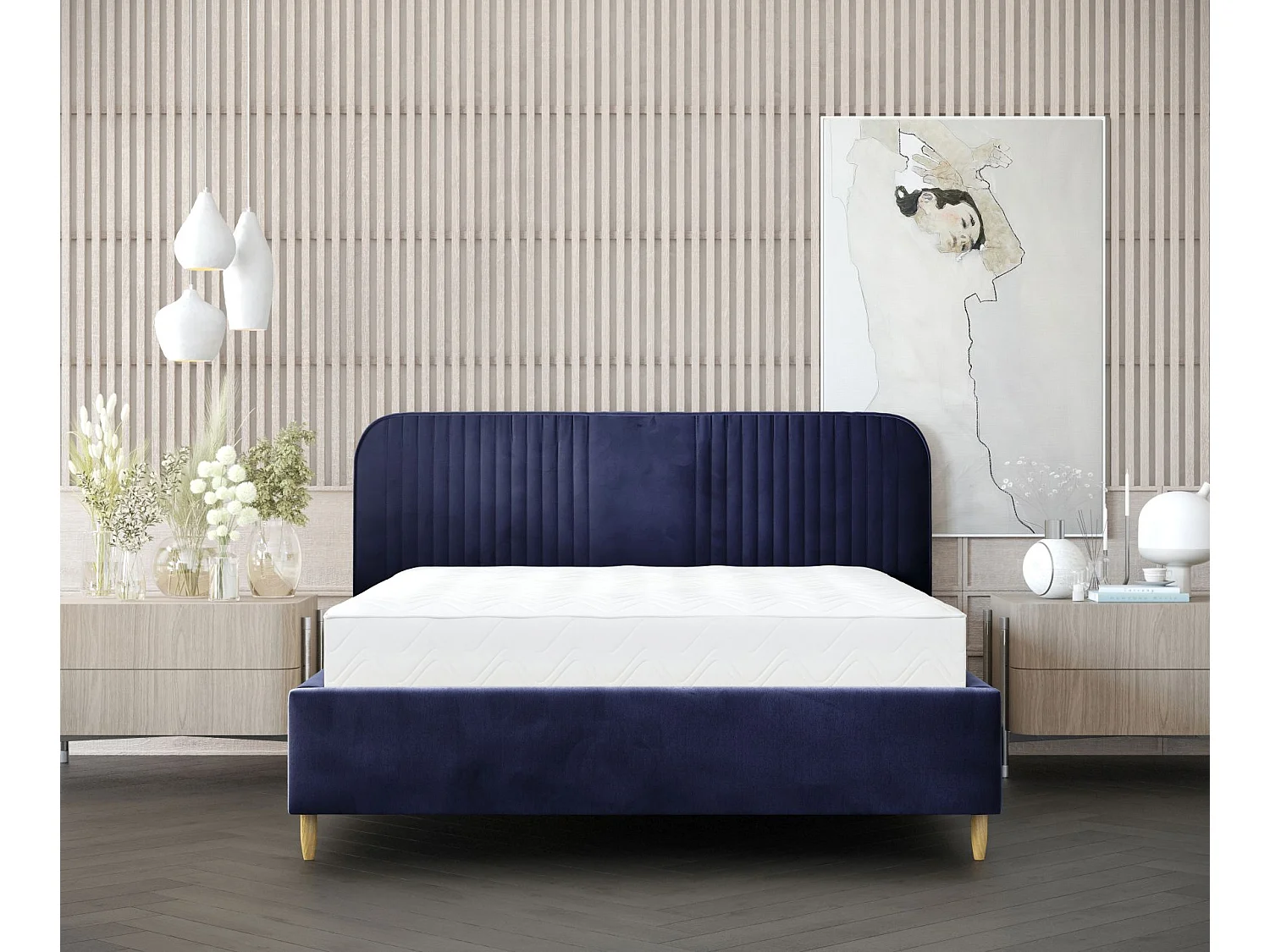 Lit coffre Livy - 140 x 200 cm - velours - bleu marine