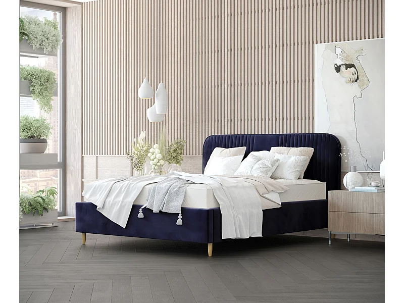 Lit coffre Livy - 140 x 200 cm - velours - bleu marine