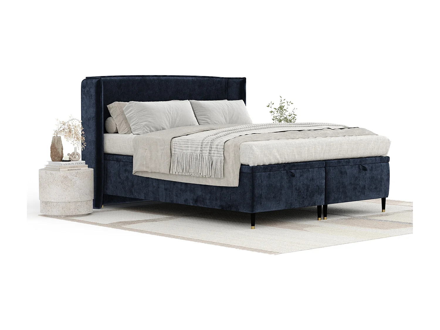 Lit coffre en tissu chenille Ritual - 140 x 200 cm - bleu marine