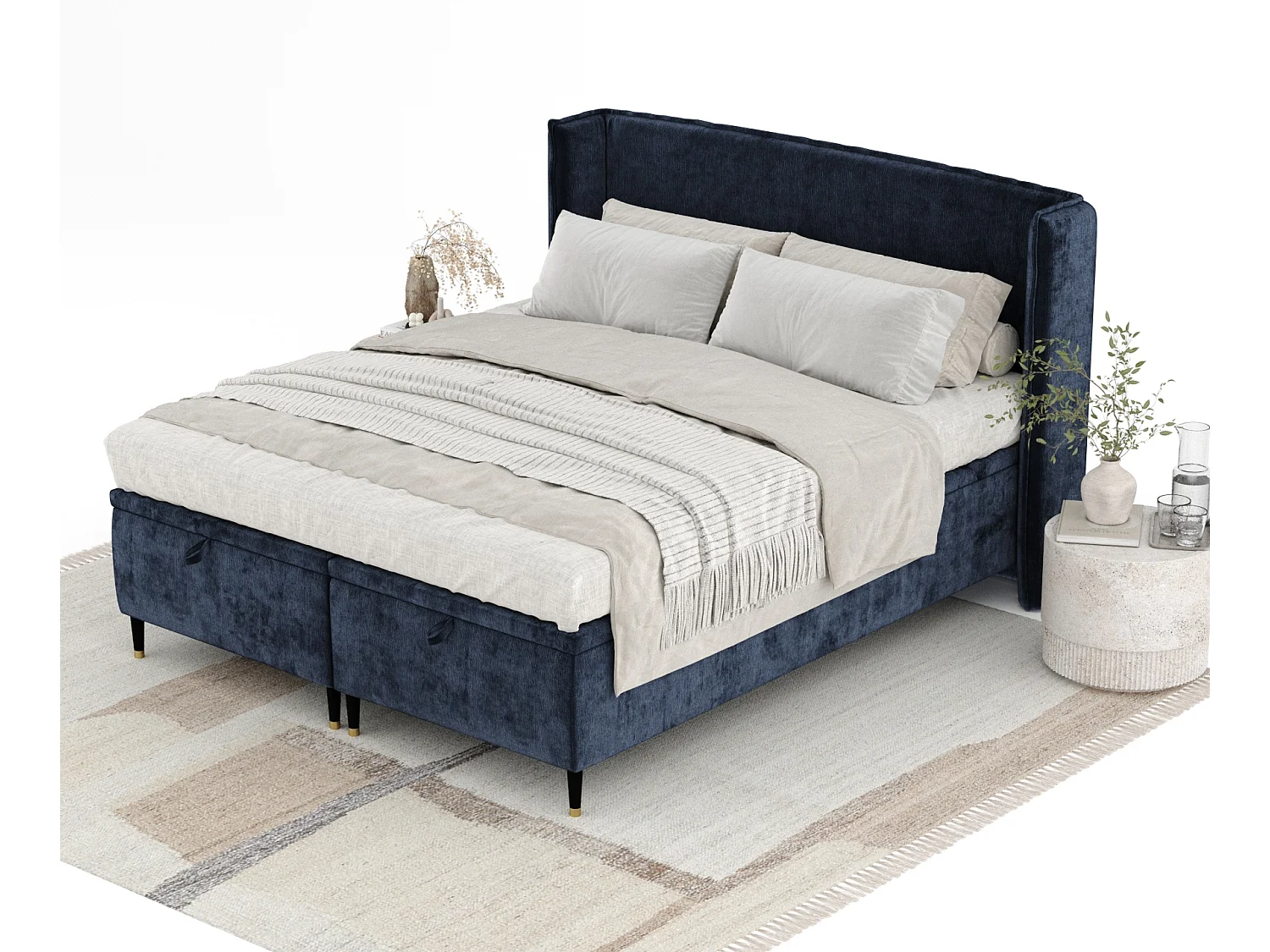 Lit coffre en tissu chenille Ritual - 140 x 200 cm - bleu marine