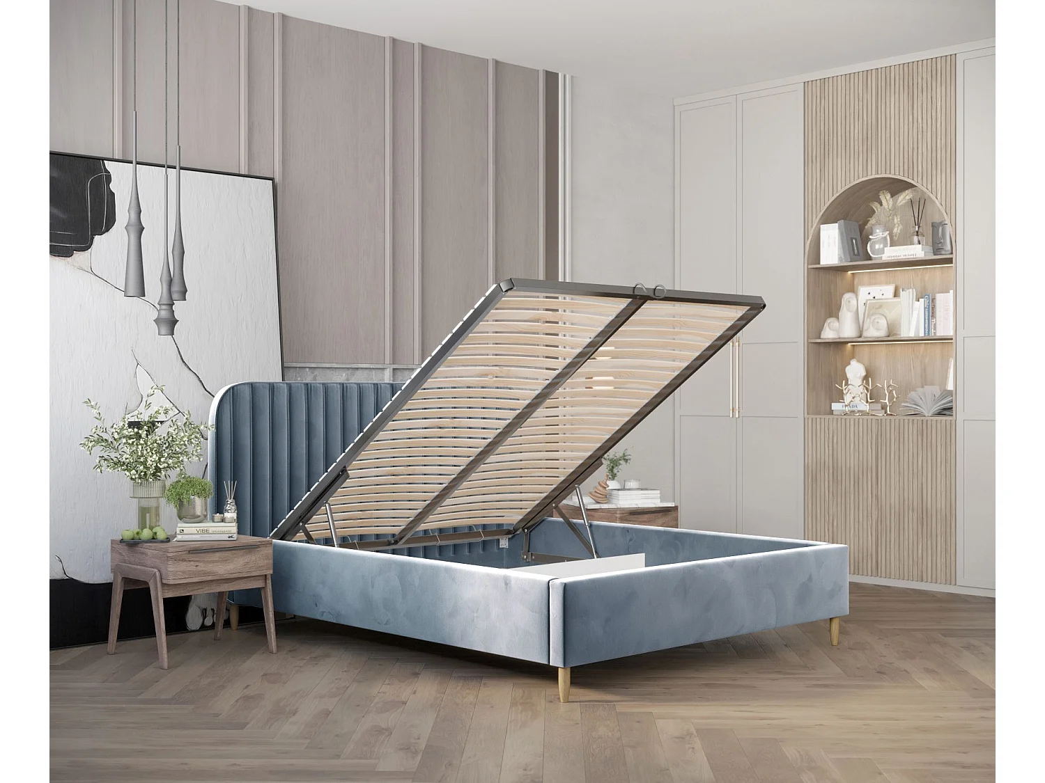 Lit coffre Noto - 180 x 200 cm - velours - bleu gris