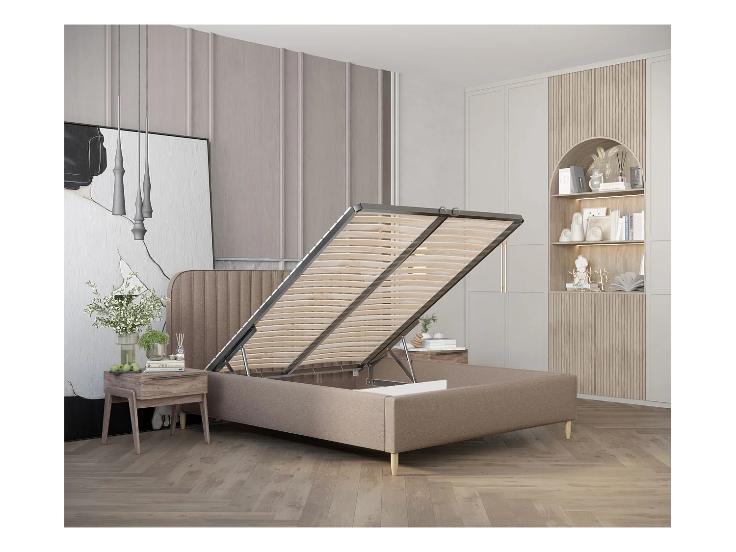 Lit coffre Noto - 160 x 200 cm - toile tissée - brun clair