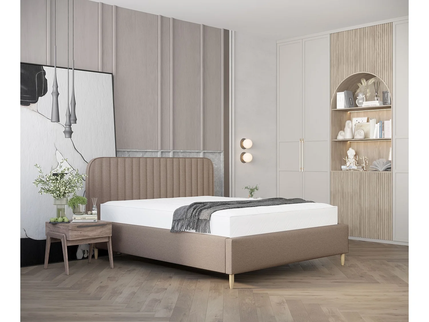 Lit coffre Noto - 160 x 200 cm - toile tissée - brun clair