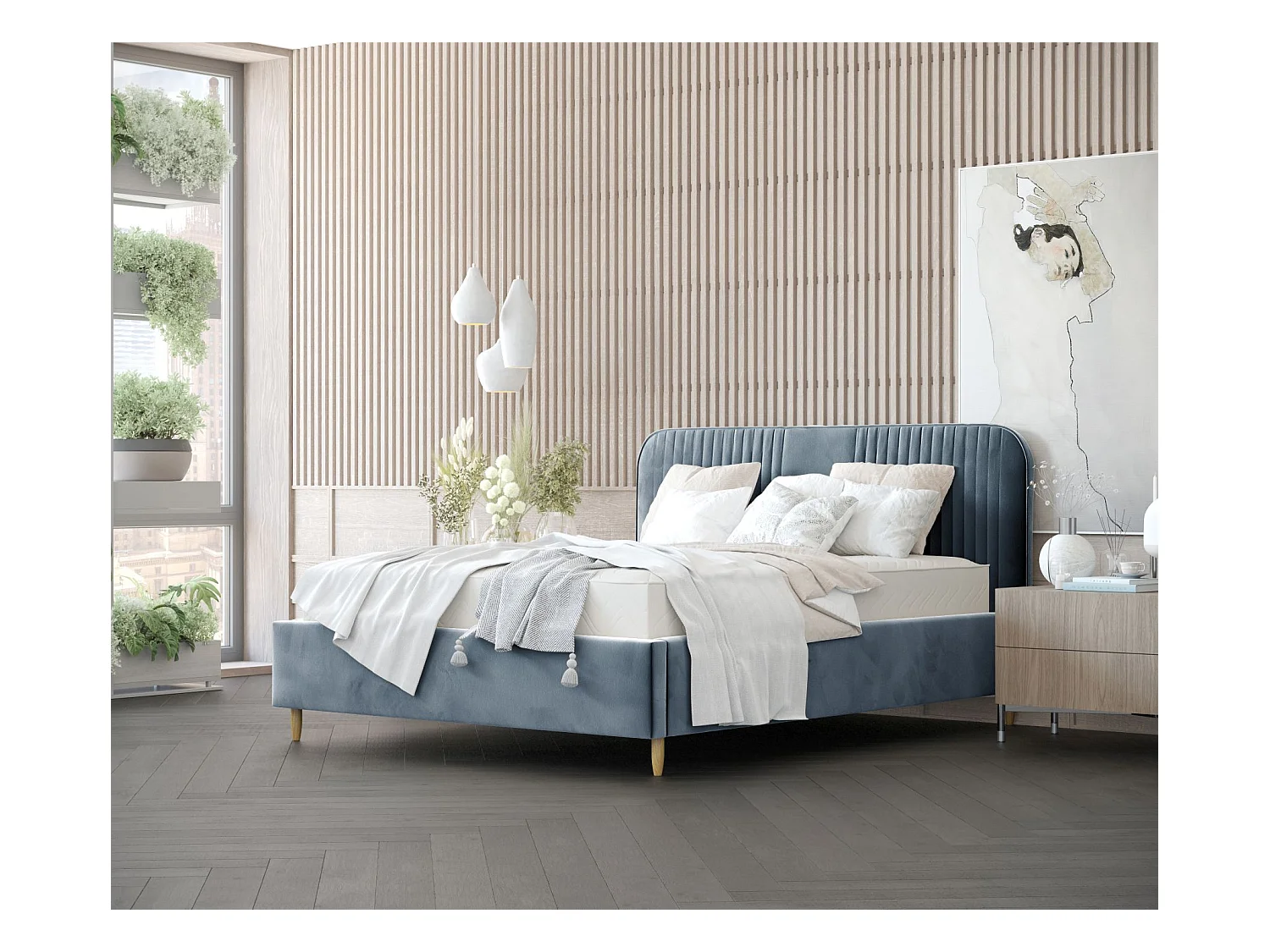 Lit coffre Livy - 120 x 200 cm - velours - bleu gris