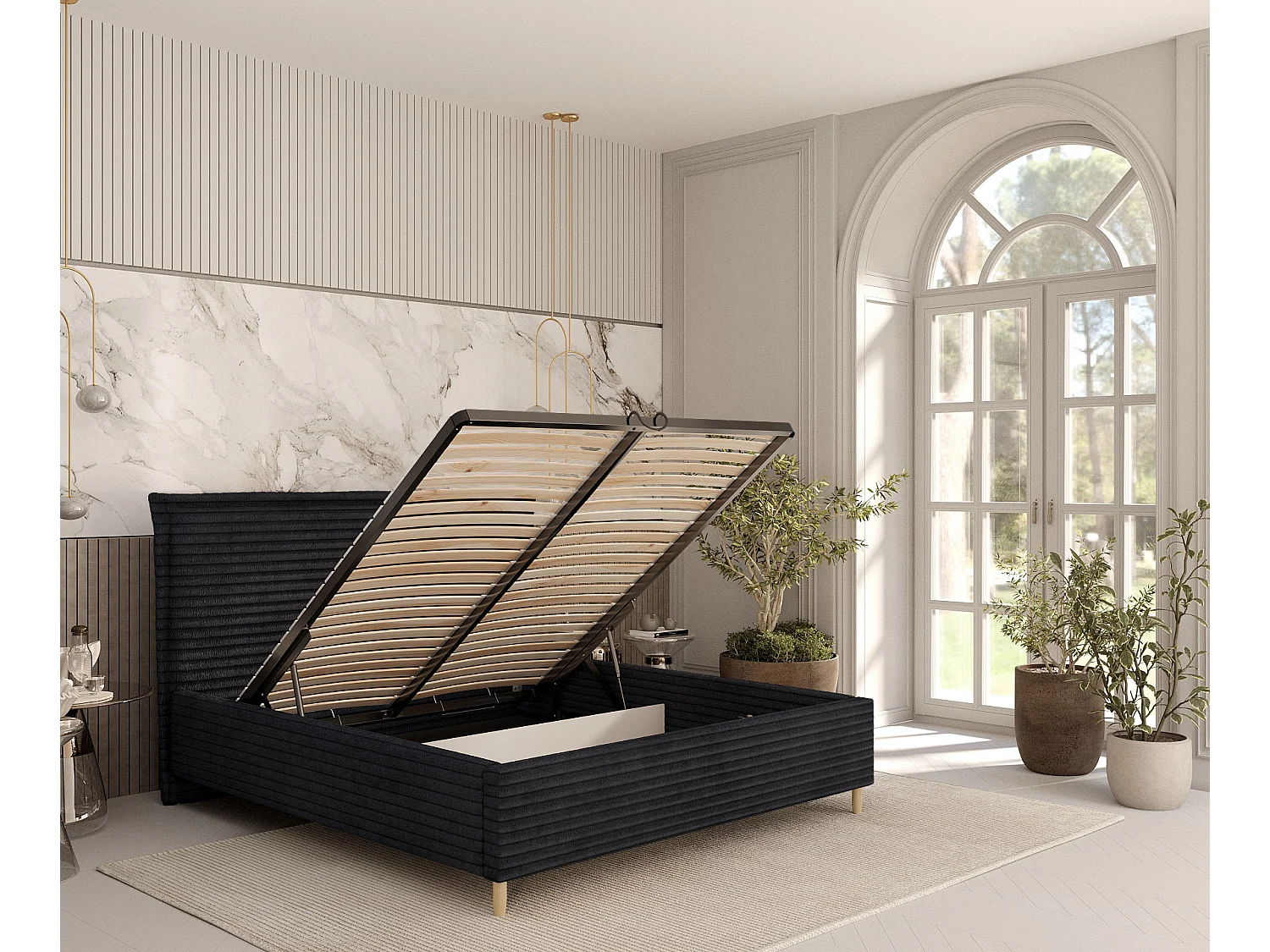 Polsterbett Cape Cod - 140 x 200 cm - Samtstoff - schwarz