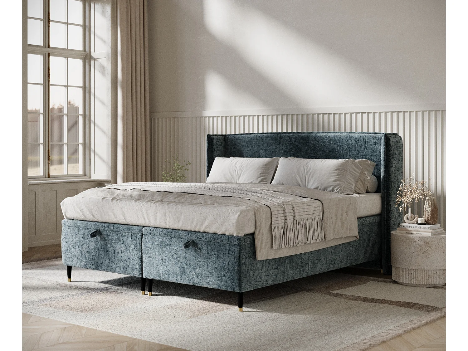 Lit coffre en tissu chenille Ritual - 140 x 200 cm - bleu