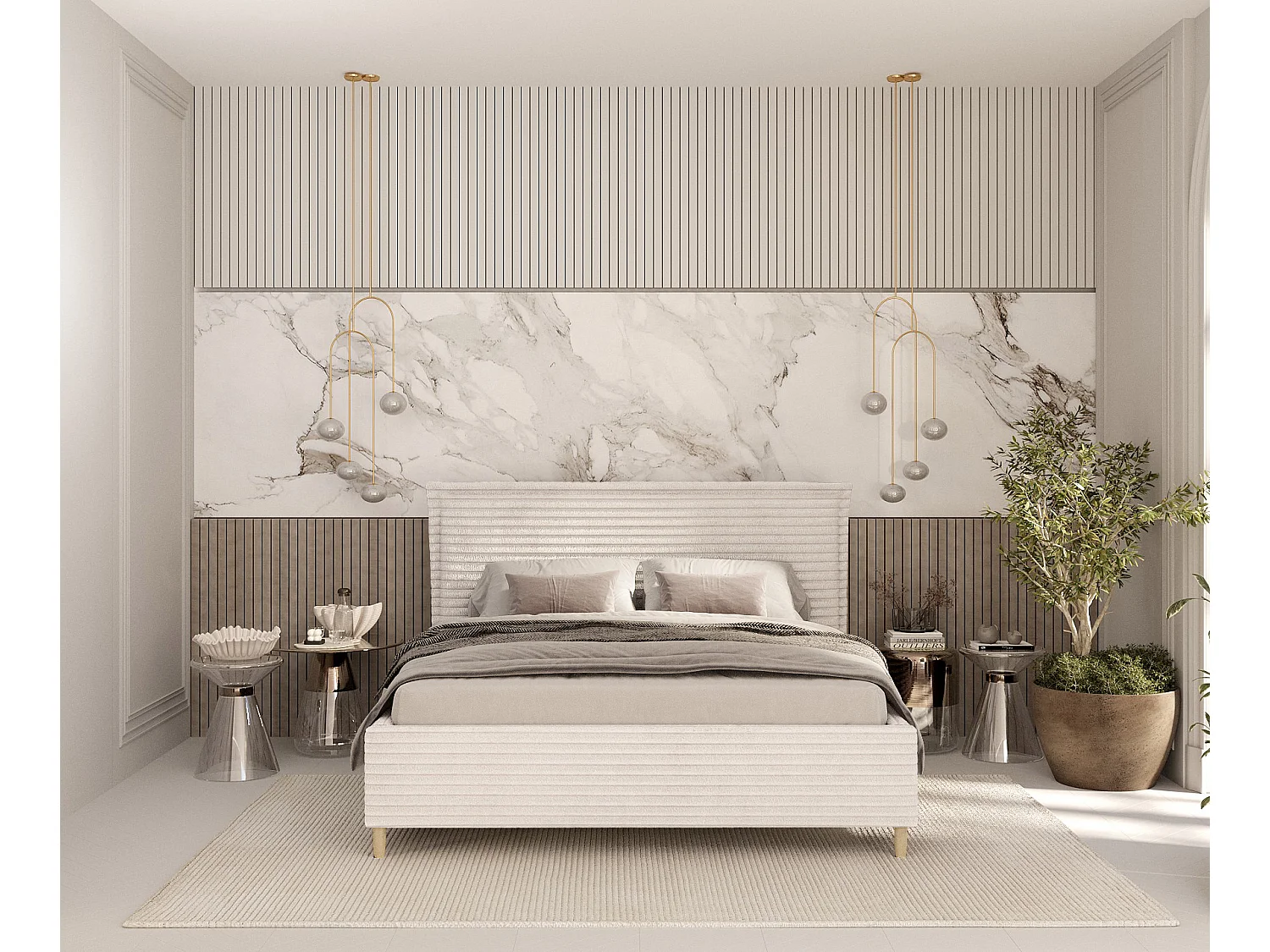 Polsterbett Cape Cod - 120 x 200 cm - Samtstoff - creme