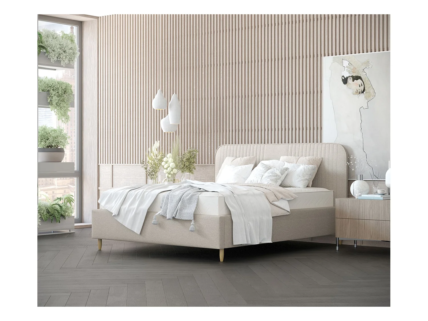 Lit coffre Livy - 120 x 200 cm - toile tissée - beige