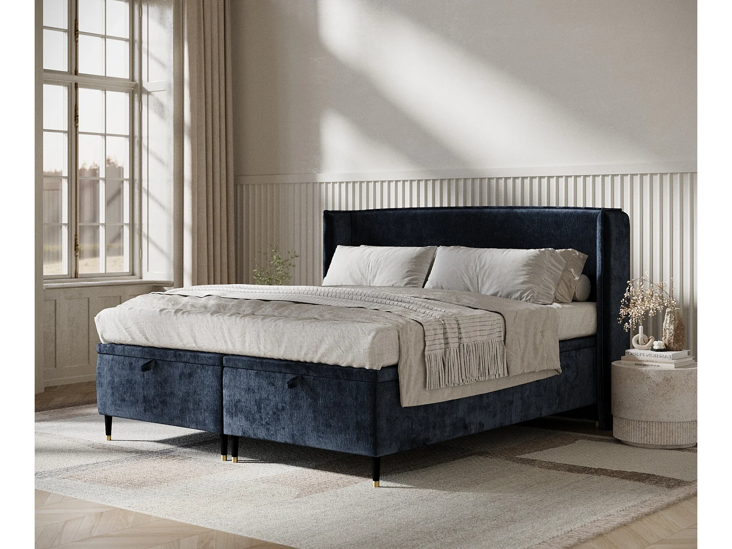 Lit coffre en tissu chenille Ritual - 180 x 200 cm - bleu marine