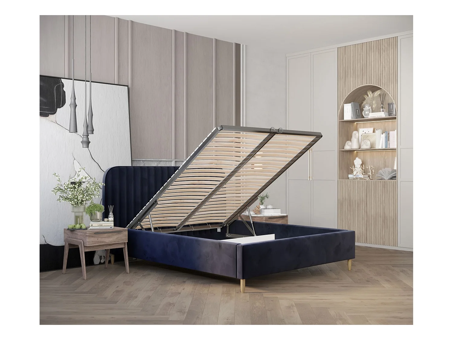 Polsterbett Noto - 160 x 200 cm - Samtstoff - marineblau