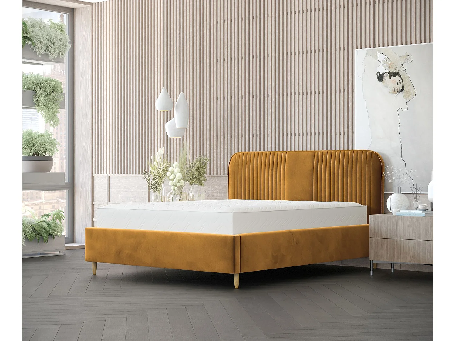 Lit coffre Livy - 140 x 200 cm - velours - jaune moutarde