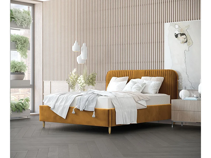 Polsterbett Livy - 140 x 200 cm - Samtstoff - senfgelb