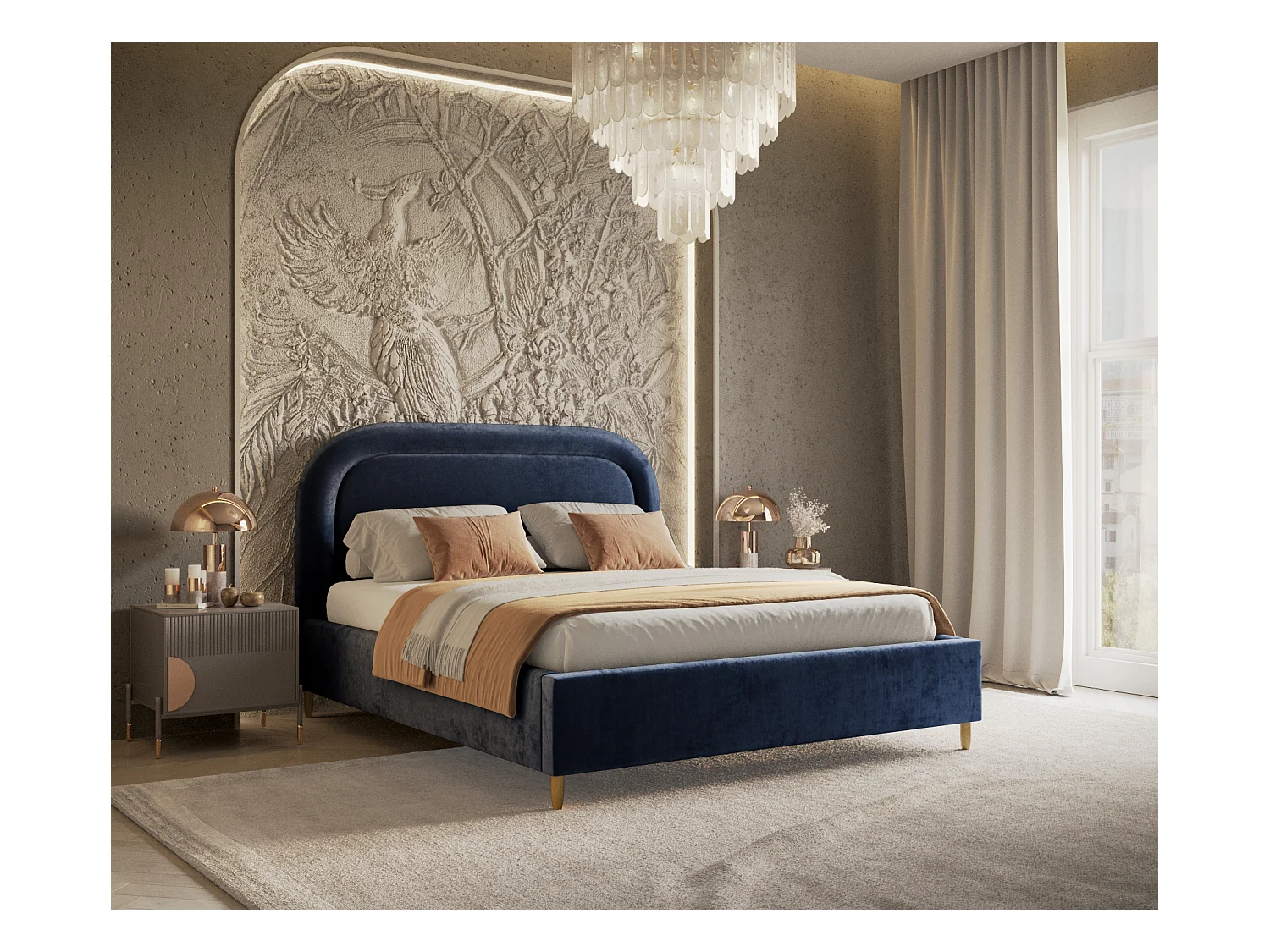 Lit coffre Mija - 160 x 200 cm - chenille - bleu marine