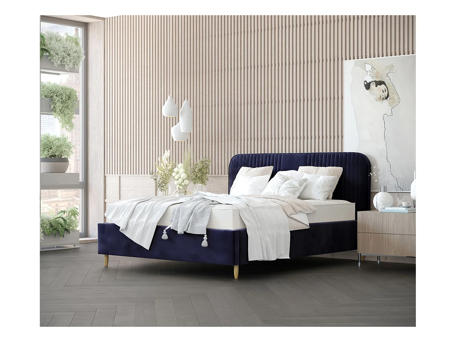 Lit coffre Livy - 160 x 200 cm - velours - bleu marine