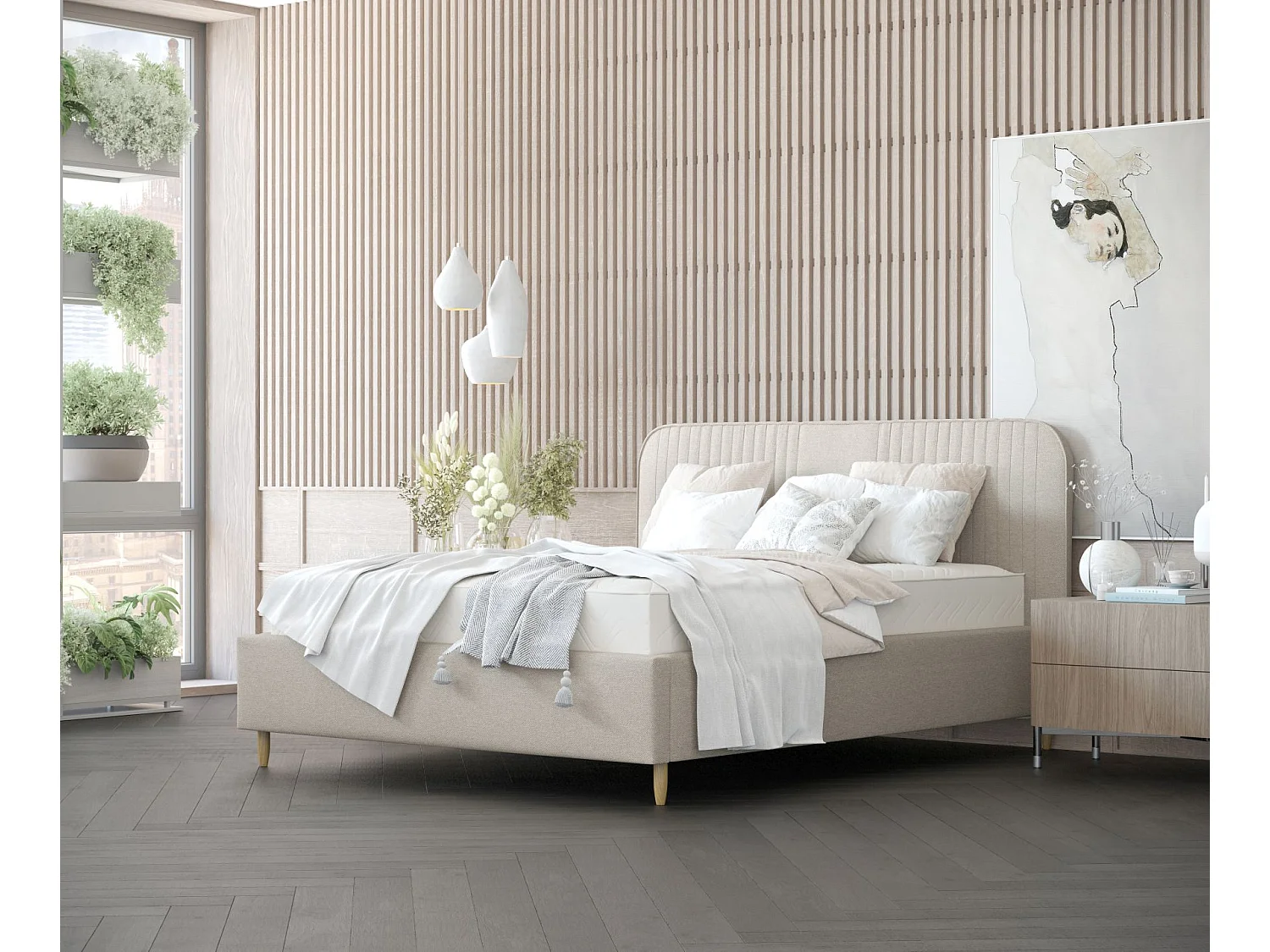 Lit coffre Livy - 180 x 200 cm - toile tissée - beige