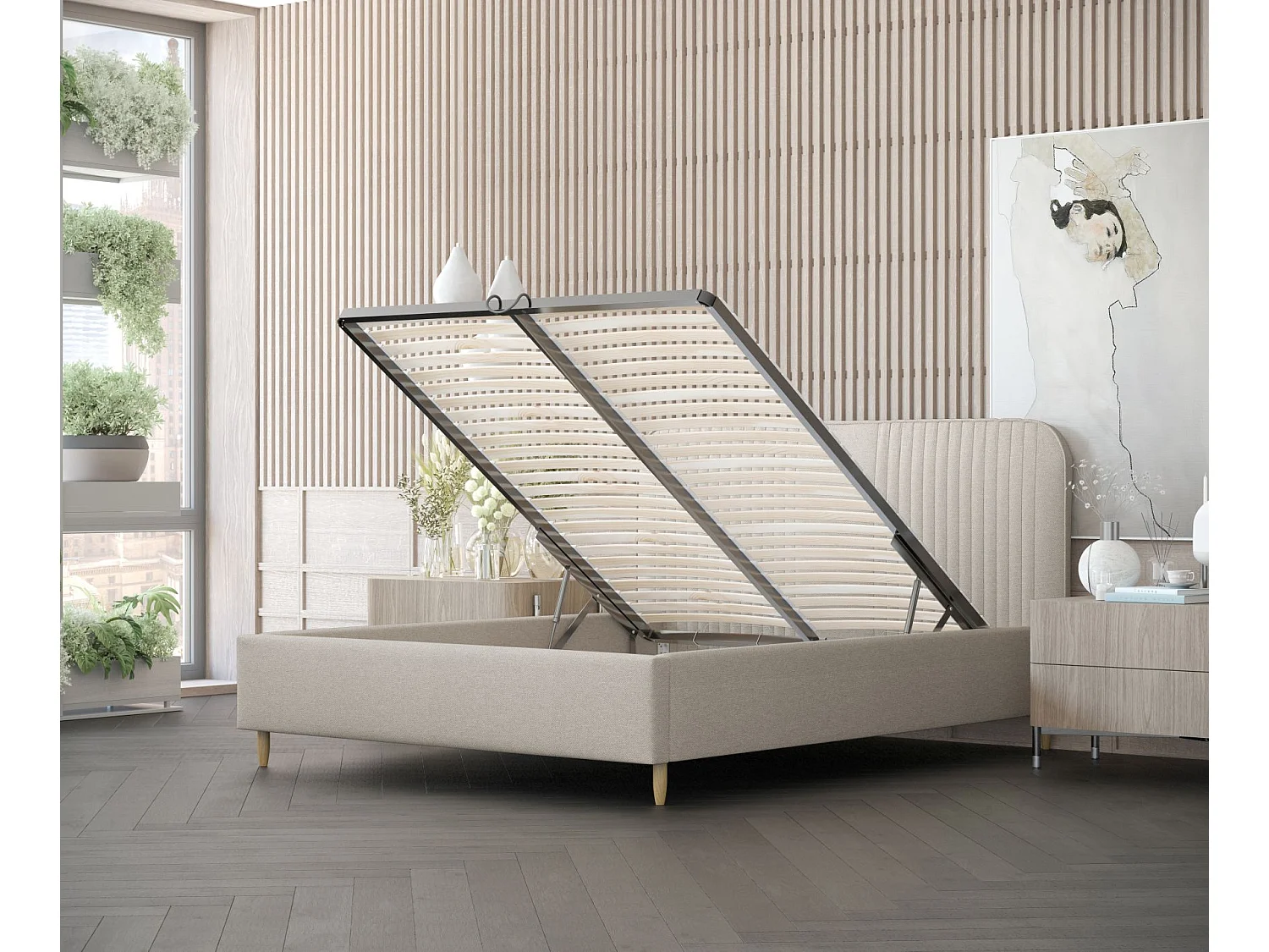 Polsterbett Livy - 180 x 200 cm - Webstoff - beige