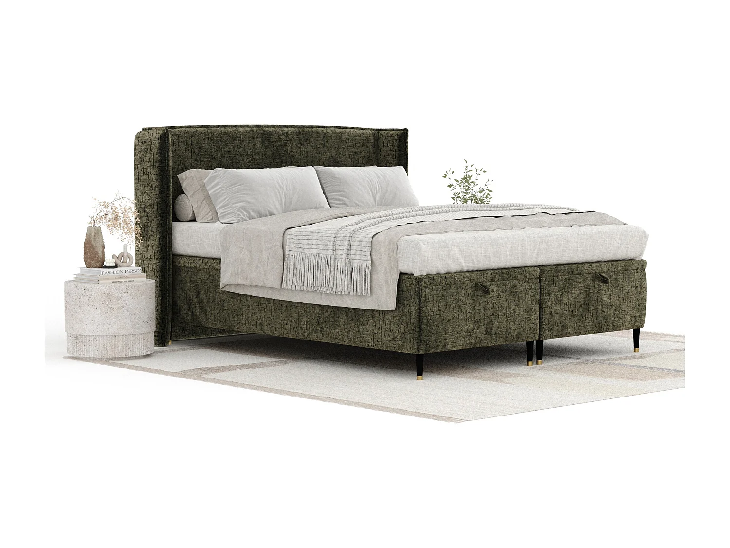 Lit coffre en tissu chenille Ritual - 160 x 200 cm - vert olive