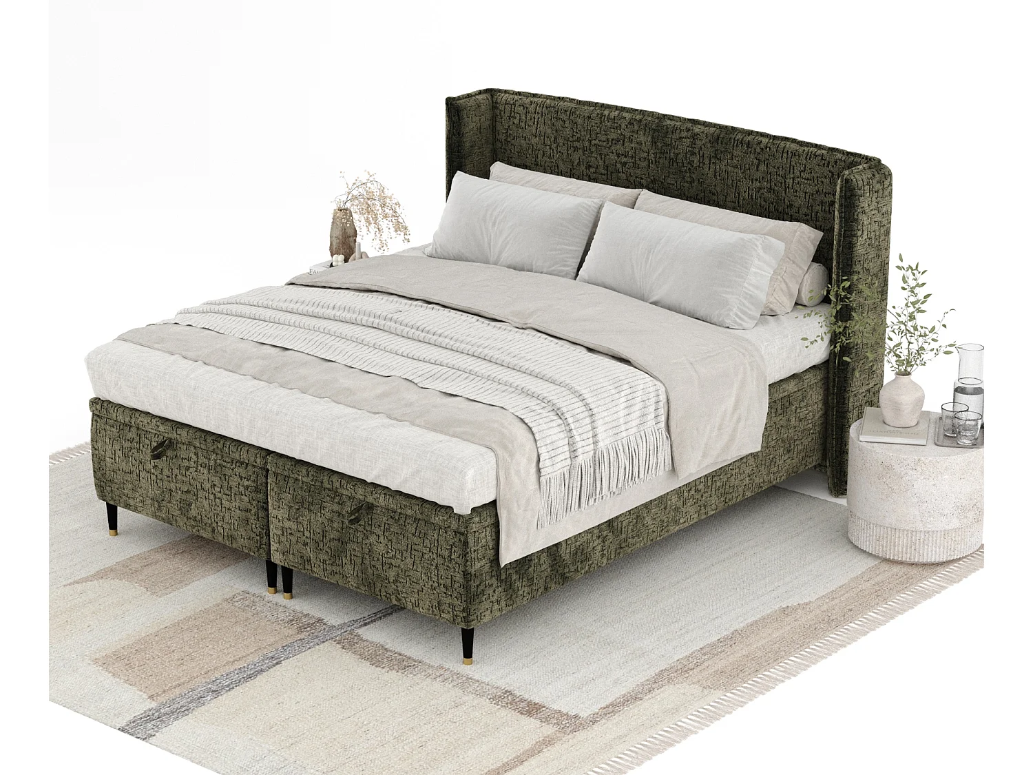 Lit coffre en tissu chenille Ritual - 160 x 200 cm - vert olive