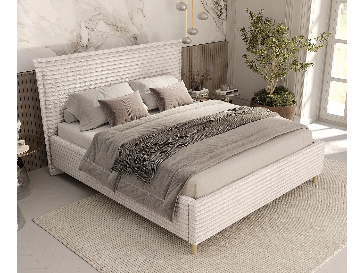 Polsterbett Cape Cod - 160 x 200 cm - Samtstoff - creme