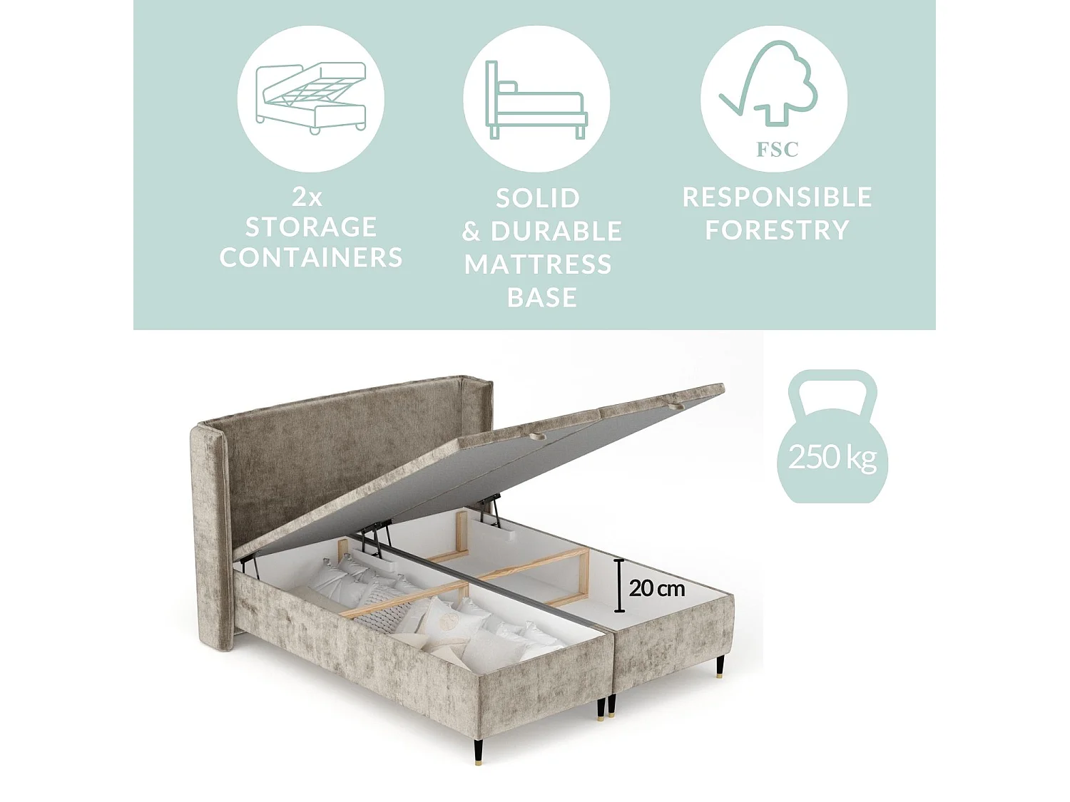 Lit coffre en tissu chenille Ritual - 180 x 200 cm - gris