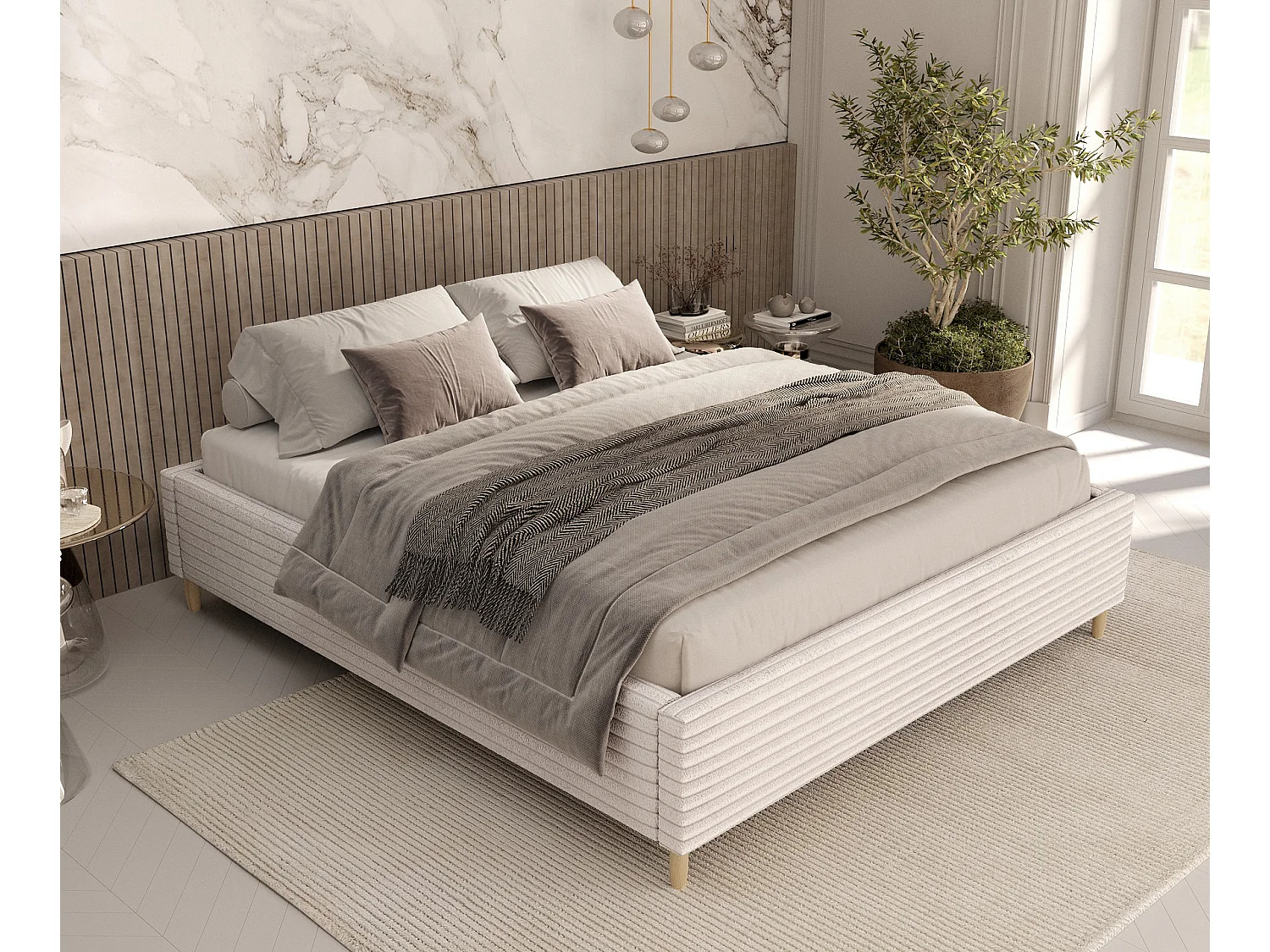 Polsterbett Larch - 120 x 200 cm - Samtstoff - creme